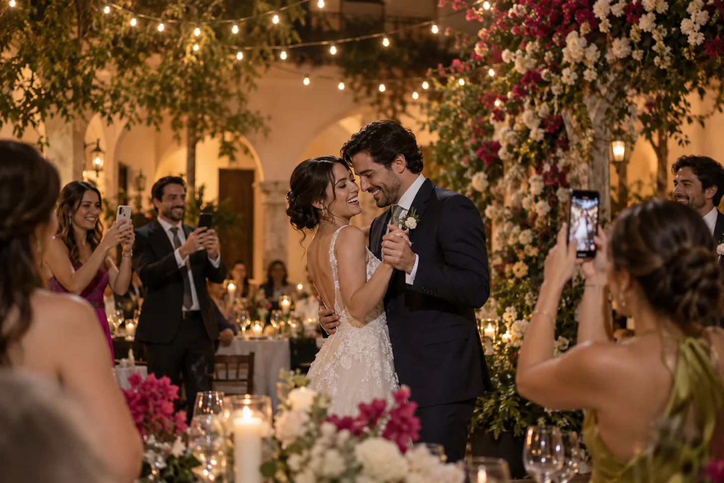 Una pareja baila mientras sus invitados capturan el momento con sus celulares.